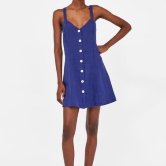Zara Dresses & Skirts - Blue Linen Mini Dress w/ Buttons